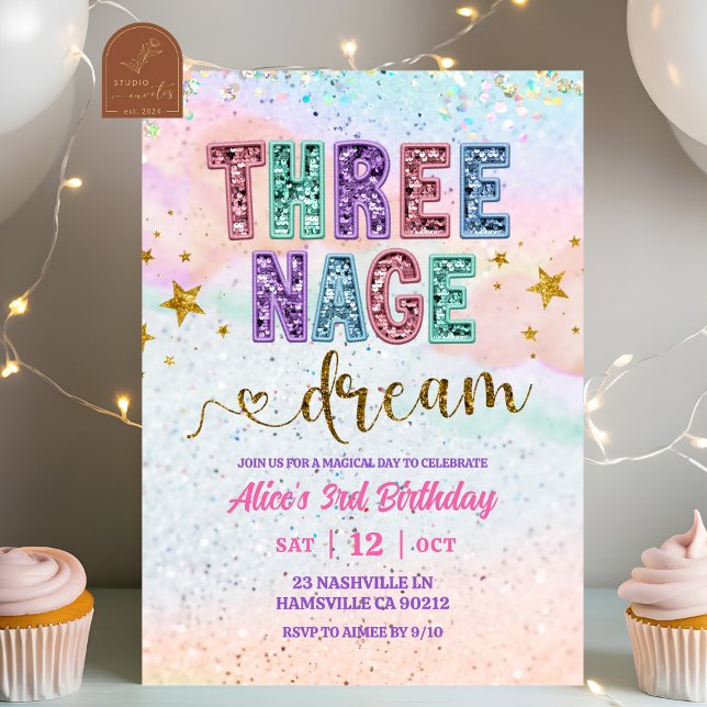Convite Pastel Sequin Glitter Threenage Dream Birthday (Criador carregado)