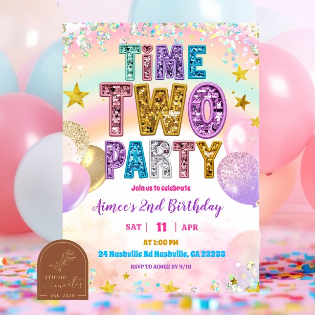 Convite Pastel Sequin Glitter Time TWO Party Invitation (Criador carregado)