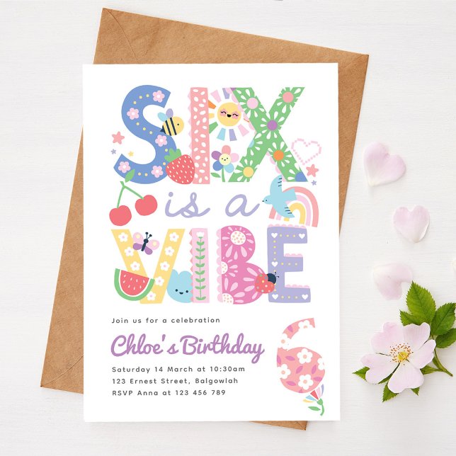 Convite Pastel Sixth Birthday Invite Girl, Six is the Vibe (Criador carregado)