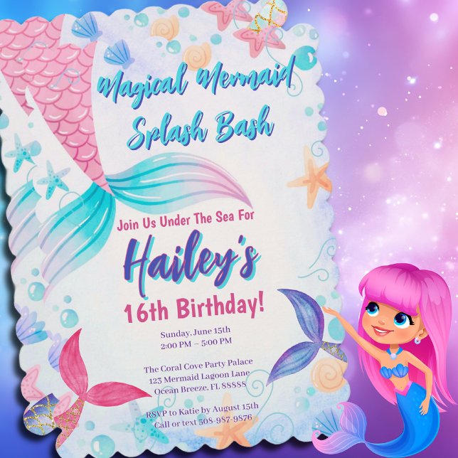 Convite Pastel Smermaid Tails Watercolor Aniversário (Magical Mermaid Birthday Party Invitation)