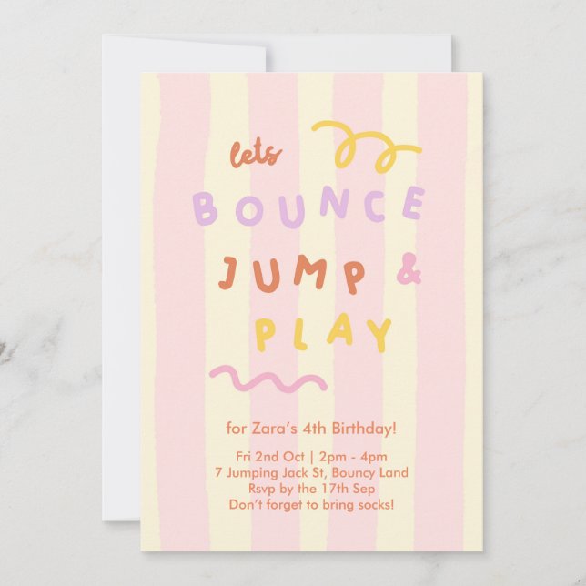 Convite Pastel Stripe Girls Bounce Jump Play Party (Frente)