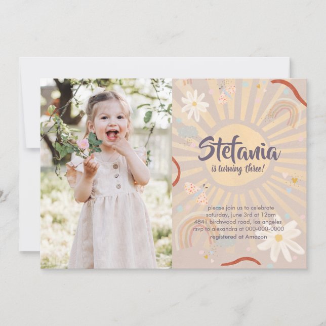 Convite Pastel Sun Pink Birthday Photo Girl Invitation (Frente)