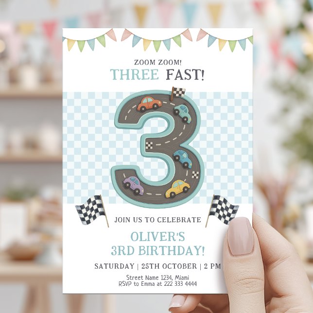 Convite Pastel Three Fast Birthday Car (Criador carregado)