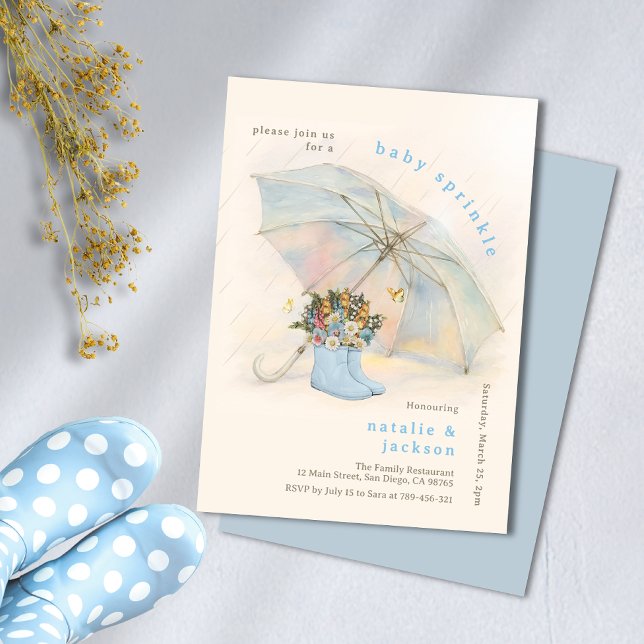 Convite Pastel Umbrella Floral Blue Boots Baby Sprinkle (Pastel Umbrella Floral Blue Boots Baby Sprinkle Invitation)