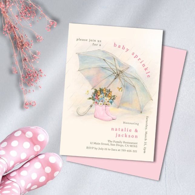 Convite Pastel Umbrella Floral Pink Boots Baby Sprinkle (Pastel Umbrella Floral Pink Boots Baby Sprinkle Invitation)