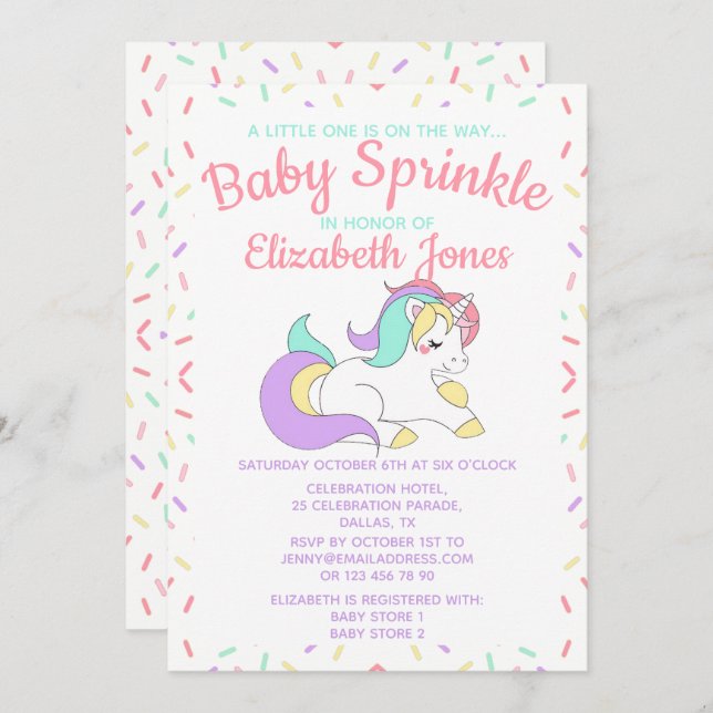 Convite Pastel Unicorn Baby Sprinkle (Frente/Verso)