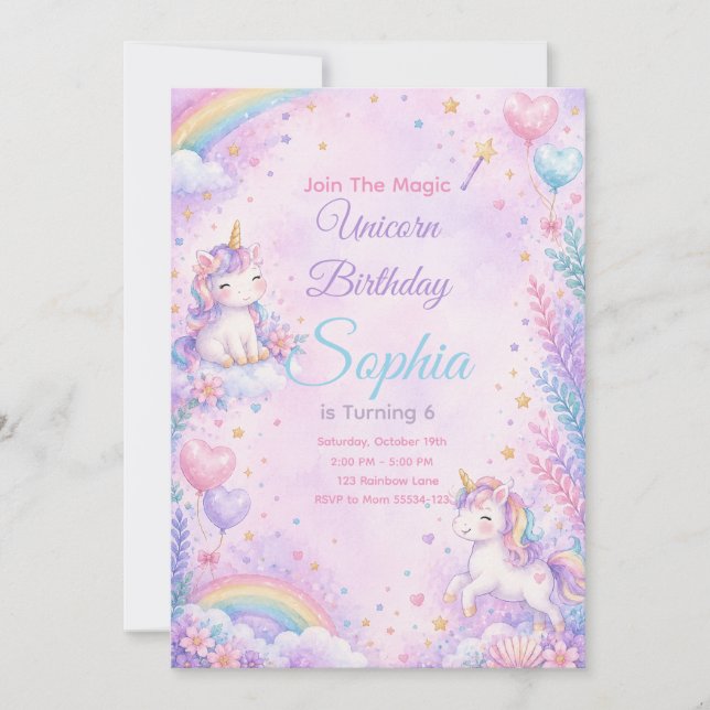 Convite Pastel Unicorn Birthday Invitation Editable (Frente)