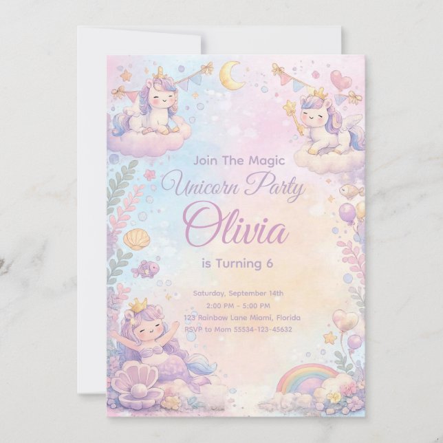 Convite Pastel Unicorn Birthday Invitation Editable (Frente)