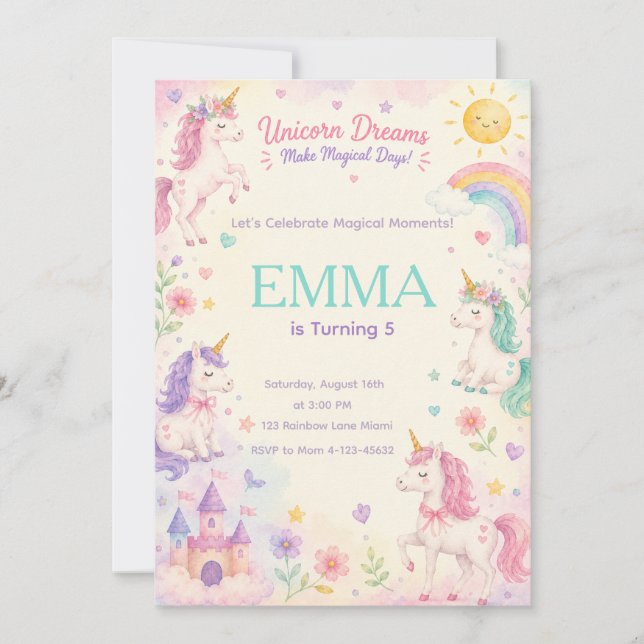 Convite Pastel Unicorn Birthday Invitation Template (Frente)