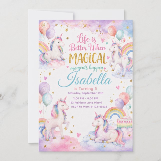 Convite Pastel Unicorn Birthday Invitation Template Cool (Frente)