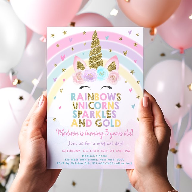 Convite Pastel Unicorn Rainbow Sparkles Birthday (Criador carregado)