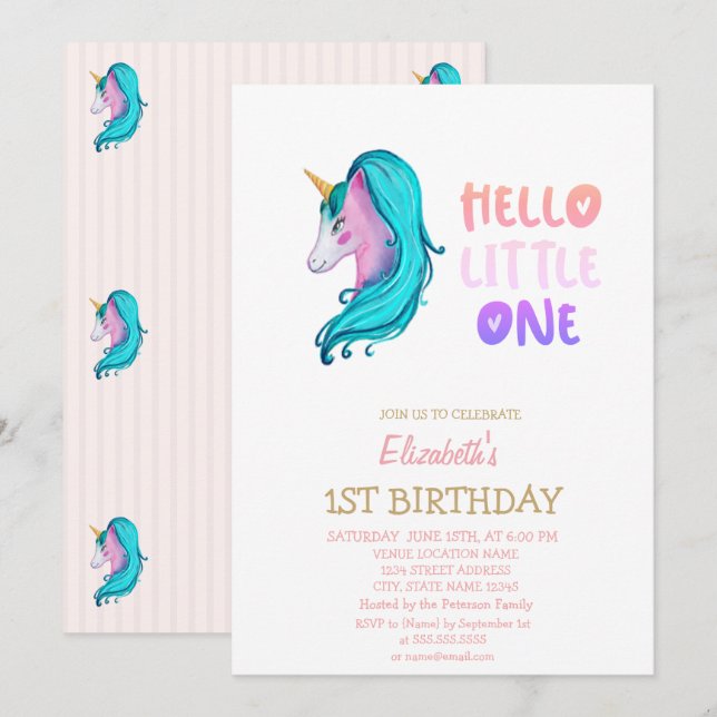 Convite Pastel Unicorn Striped Hello Little One Birthday (Frente/Verso)