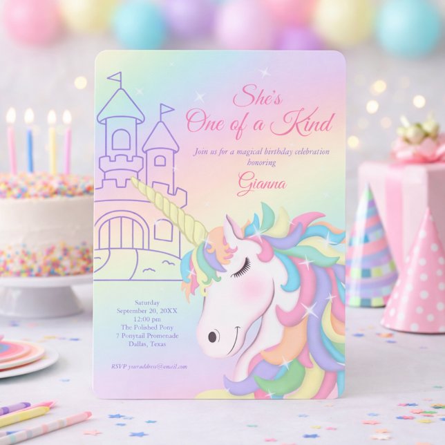 Convite Pastel Unicórnio Arco-íris Mágico Aniversário (Criador carregado)