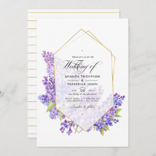 Convite Pastel Violet e Dourado Casamento Geométrico de He