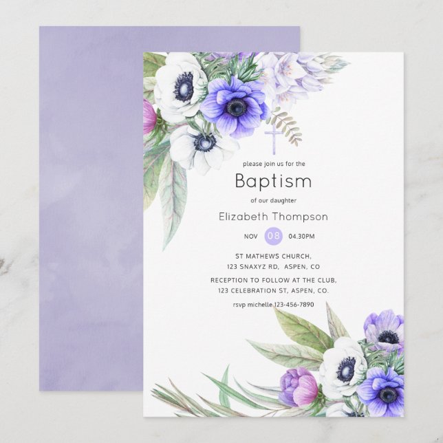 Convite Pastel Violet e Plum Floral Baptism (Frente/Verso)