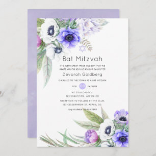Convite Pastel Violet e Plum Floral Bat Mitzvah