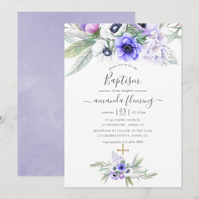 Convite Pastel Violet Floral Baptism (Frente/Verso)