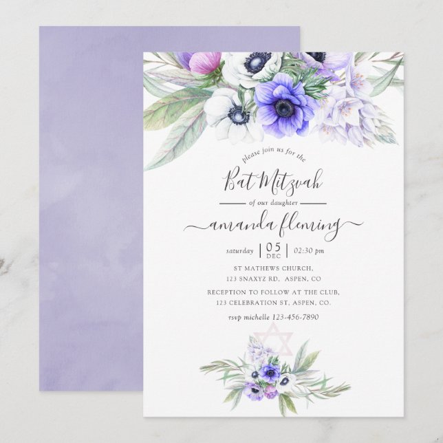 Convite Pastel Violet Floral Bat Mitzvah (Frente/Verso)