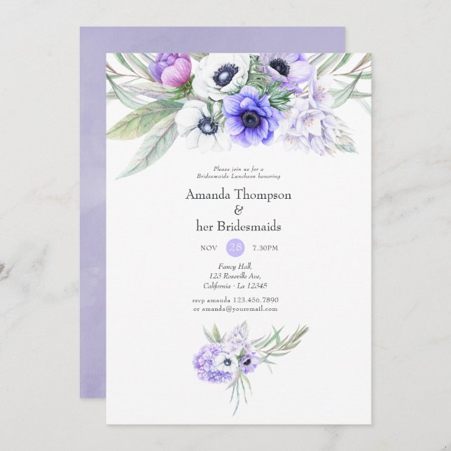 Convite Pastel Violet Floral Wedesmaids Luncheon (Frente/Verso)