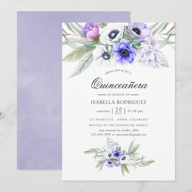 Convite Pastel Violeta Quinceañera Floral (Frente/Verso)