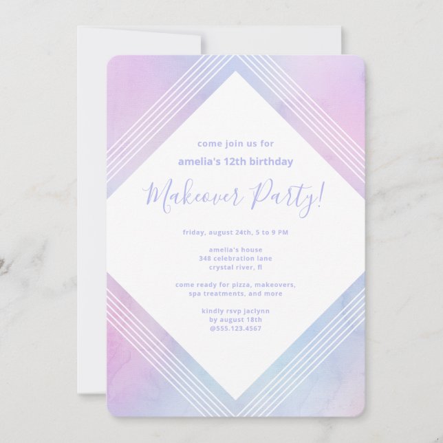 Convite Pastel Watercolor Birthday Makeover Party (Frente)