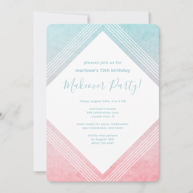 Convite Pastel Watercolor Birthday Makeover Party Aqua (Frente)