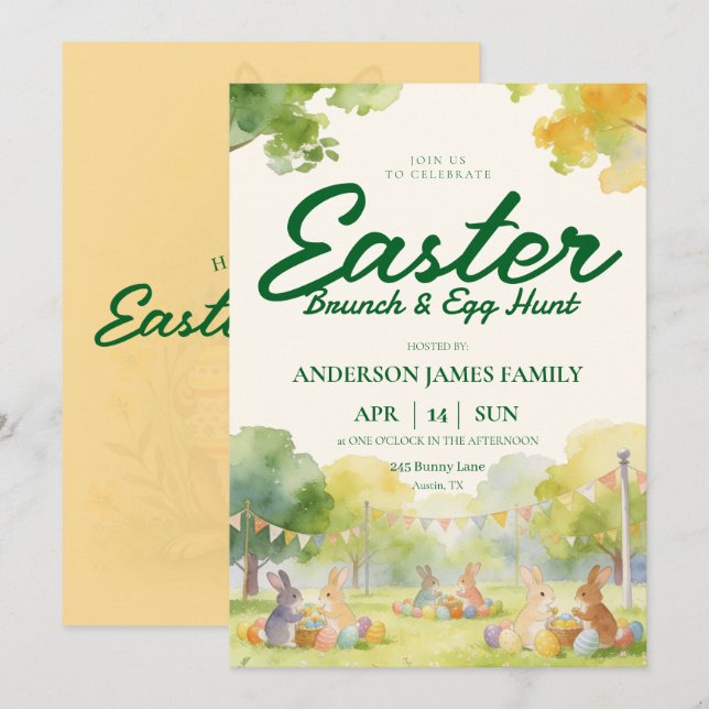 Convite Pastel Watercolor Bunny Easter Egg Hunt Brunch  (Frente/Verso)