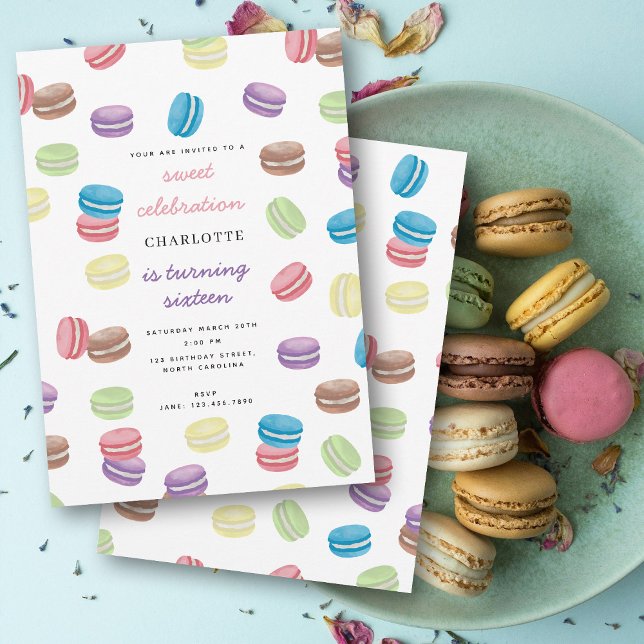 Convite Pastel Watercolor Festa de aniversário das Macarõe (Pastel Watercolor French Macarons Birthday Party Invitation)