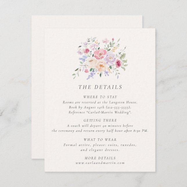 Convite Pastel Watercolor Floral Wedding Details Card (Frente/Verso)