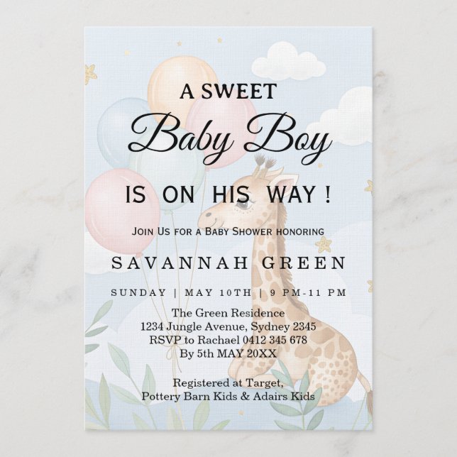 Convite Pastel Watercolor Giraffe Baby Boy Invite (Frente)