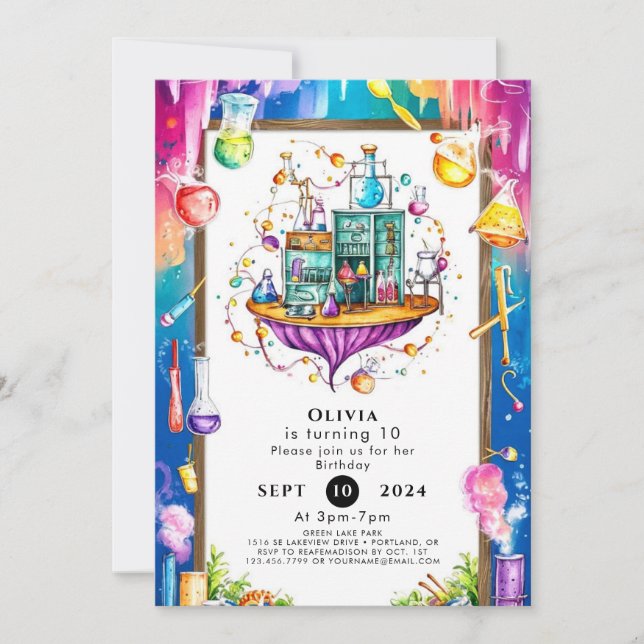 Convite Pastel Watercolor Lab Scientist Aniversário (Frente)