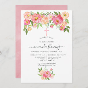 Convite Pastel Watercolor Peonies Baptism ou Christening