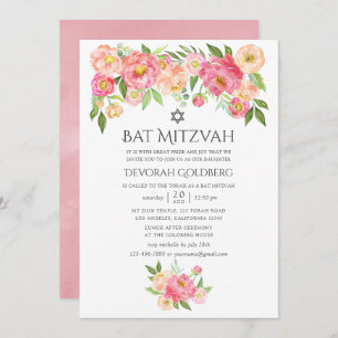 Convite Pastel Watercolor Peonies Bat Mitzvah