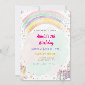 Convite Pastel Watercolor Rainbow Birthday