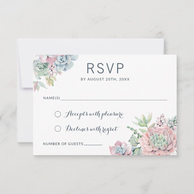 Convite Pastel Watercolor Suculents Wedding RSVP Responder (Frente)