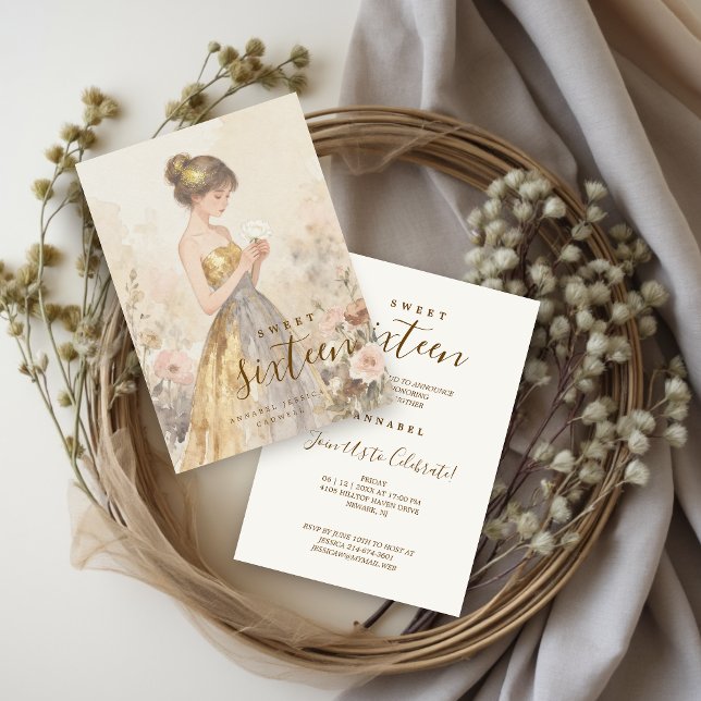 Convite Pastel Watercolor Sweet Sixteen Girl & Flowers (Soft Pastel Watercolor Effect Young Woman in Golden and Gray Strapless Gown Invitation.)