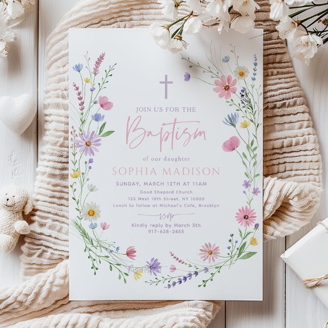 Convite Pastel Wildflower Floral Baptism (Criador carregado)