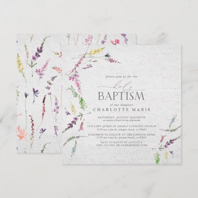 Convite Pastel Wildflower Watercolor Baptism (Frente/Verso)