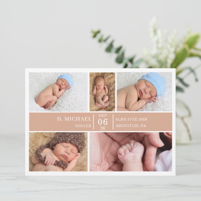 Convite Pastel Wood Photo Collage Baby Announcement Card (Em pé/Frente)