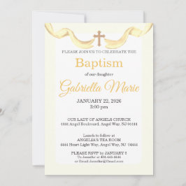 Convite Pastel Yellow Ribbon Cross Watercolor Baptism