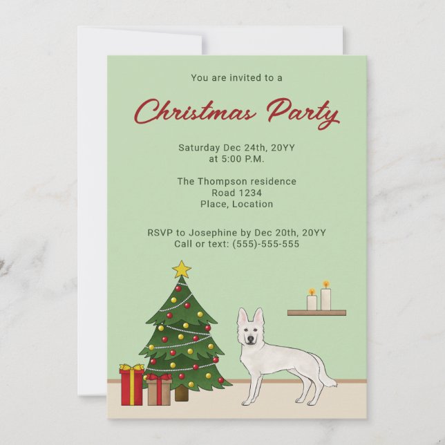 Convite Pastor Suíço Branco Bonito Cão GSD Verde Natal (Frente)