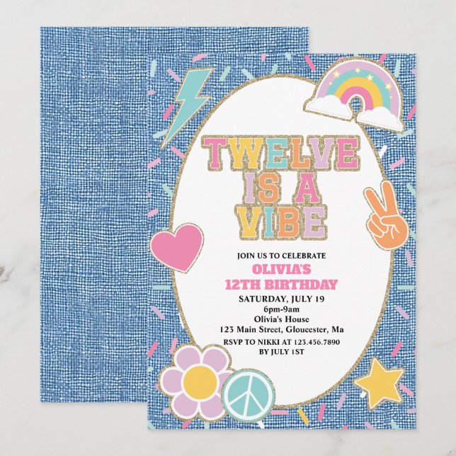 Convite Patch Denim Twelve is a Vibe 12th Birthday (Frente/Verso)