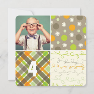 Convite Patchwork Brown Pattern Squares Boy Foto Aniversár