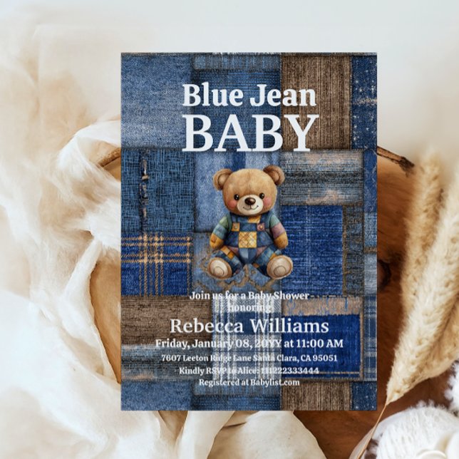 Convite Patchwork Denim Bear Toy Blue Jean Baby Shower (Criador carregado)