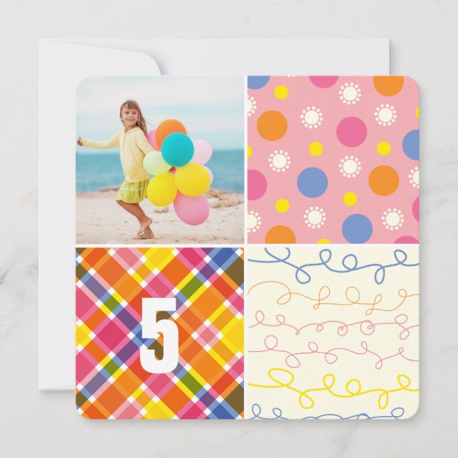 Convite Patchwork Rosa Patterno Praça Rapariga Foto Aniver (Frente)