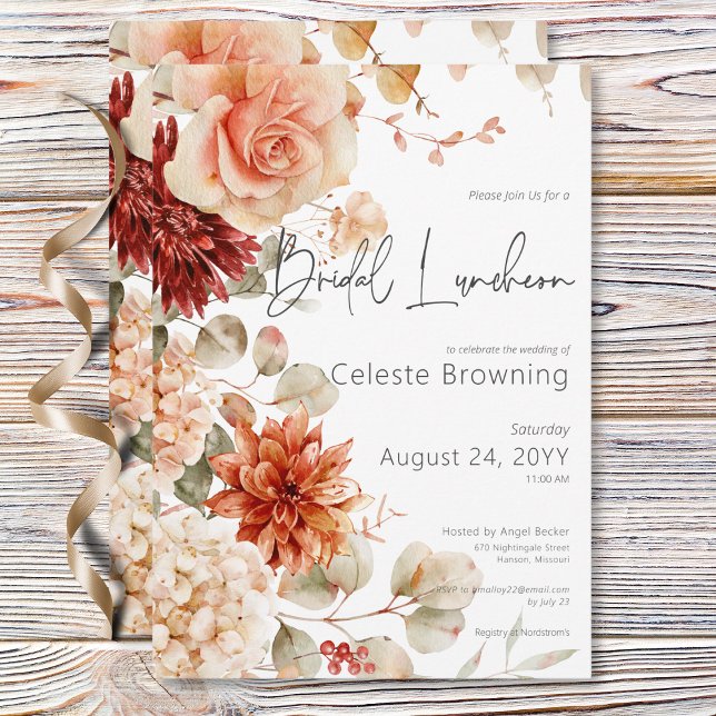 Convite Patilho e Almoço Floral de Boho (Spicy Fall Rust & Blush Boho Floral Bridal Lunch Invitation)