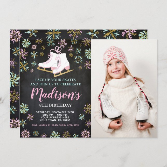 Convite Patinação no Gelo, País das Maravilhas de Inverno  (Frente/Verso)