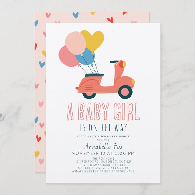 Convite Patinete Rosa Balões Chá de fraldas Rapariga (Frente/Verso)