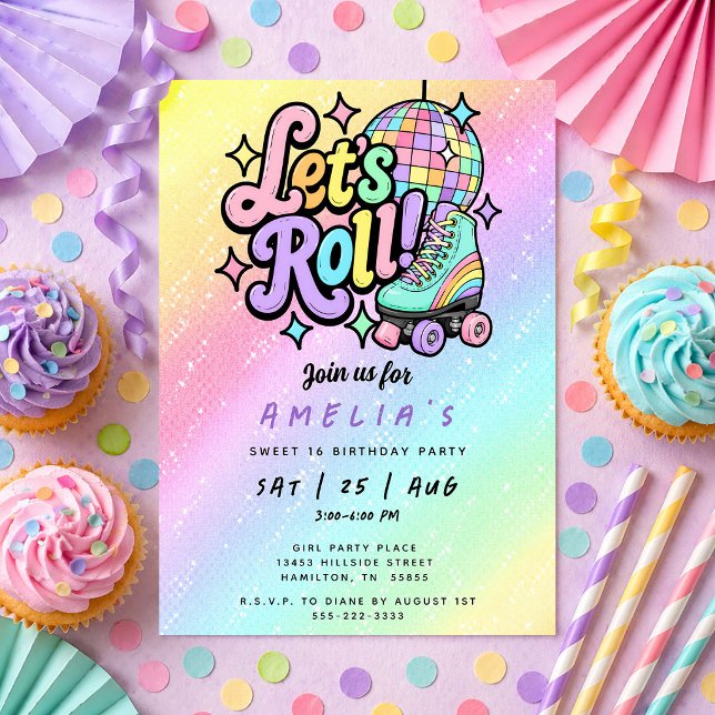 Convite Patins de Rolamento de Bola de Disco Festa de Aniv (Disco Ball Roller Skate Sweet 16 Birthday Party Invitation)