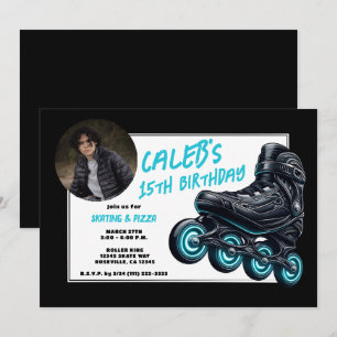 Convite Patins Preta Rodas Azuis Brilhantes Festa de Anive